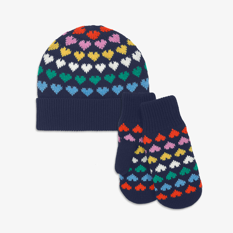 Kids knit beanie & mittens set in rainbow hearts