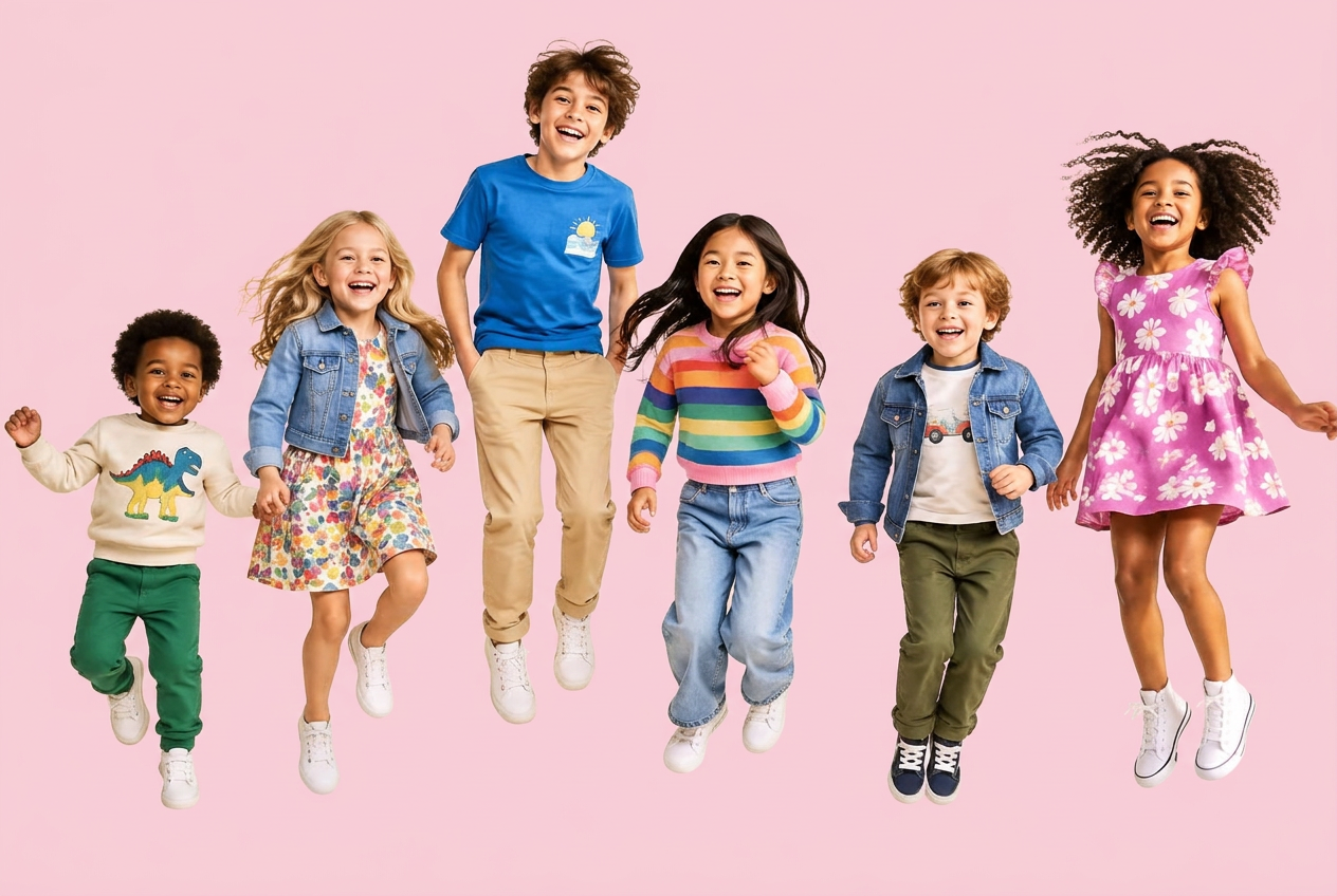 Happy kids in colorful dressBebe outfits